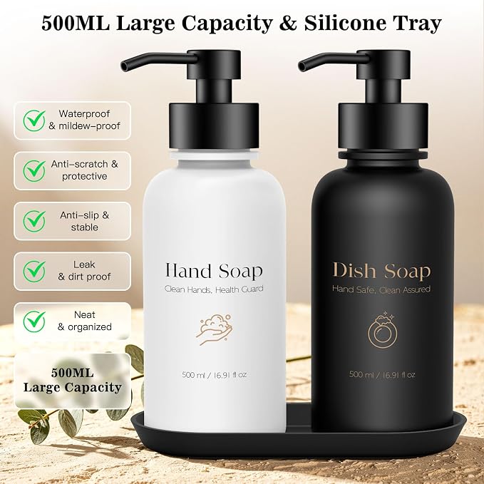 16.9 Oz Glass Foaming Soap Dispenser 2 Pack (Black+White) | Refillable Hand & Dish Soap Pump, With Silicone Tray & 8 Waterproof Labels, For Bathroom & Kitchen，Perfect Housewarming Gift