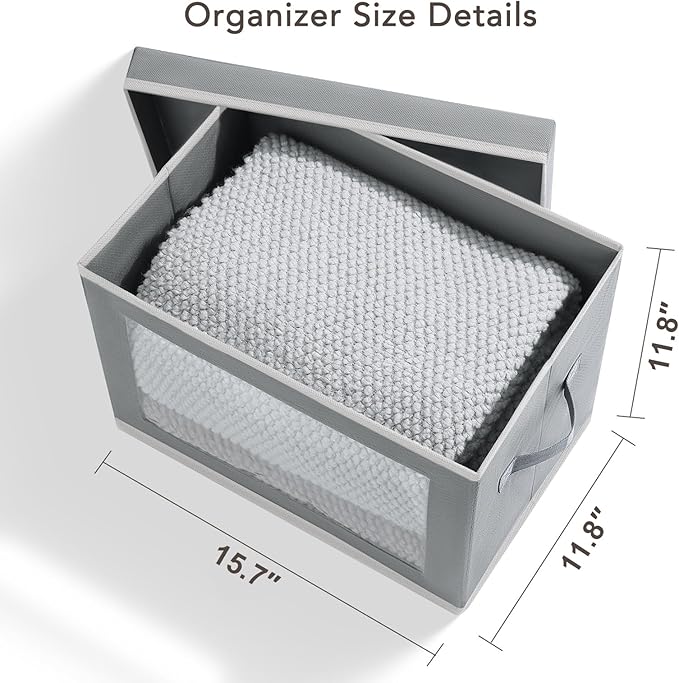 Homsorout Storage Boxes with Lids - 4 Pack Fabric Clear Window Storage Bins, Large Decorative Storage Bins with Handles, Linen Closet Organizer for Clothes, Towel, Blanket, Light Grey