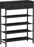 Shoe Rack, 5 Tier Shoe Organizer with 2 Drawers, Metal Shoe Storage for 16-20 Pairs of Shoes with Fabric Shelves and Wooden Top, Narrow Shoe Shelf for Closet Entryway Black