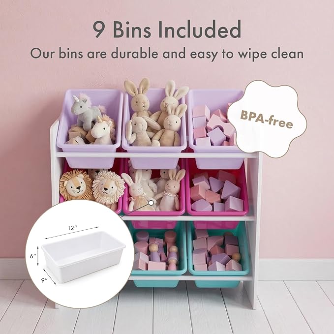 Humble Crew Toy Storage Organizer with 9 Removable Storage Bins for Kids Playroom, 3-Tier Toddler Toy Organization and Storage, White/Pink/Purple/Aqua