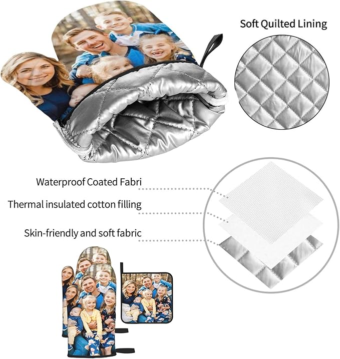Custom Oven Mitts and Pot Holders Personalized with Your Picture Text, Baking Gifts for Women for Kitchen Cooking, BBQ, Grillin-Style3, 2 Oven Mitts+ 1 Pot Holders