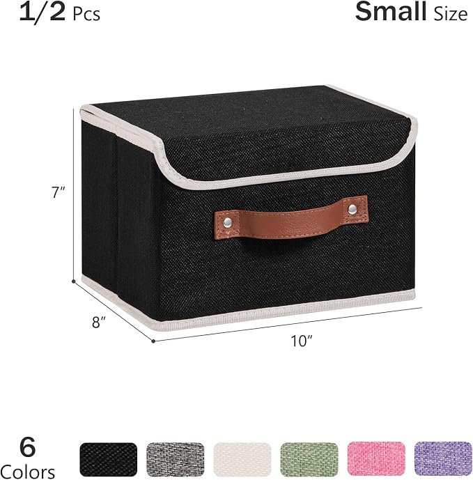 Storage Bins Box with Lids Decorative Cotton Linen Fabric Baskets Cubes with Handles PP Plastic Board Foldable Washable Lidded Clothing Shelf Closet Organizer Container (Black, Small)