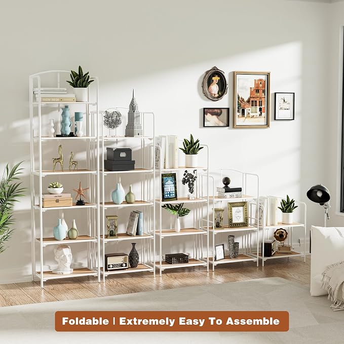 Crofy 5-Tier Foldable Bookshelf, White Frame & White Oak Shelves | No-Assembly Collapsible Portable Storage Organizer; Sturdy White Oak Finish Shelves; Ideal for Living Room & Home Office