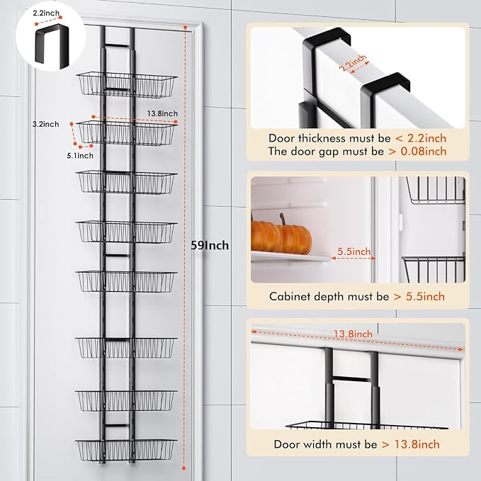 LUXEAR Over the Door Pantry Organizer, 8-Tier Adjustable Over the Door Hanging Spice Rack, No-Assembly Foldable Metal Over the Door Organizer for Kitchen, Home, Laundry Room, Bathroom