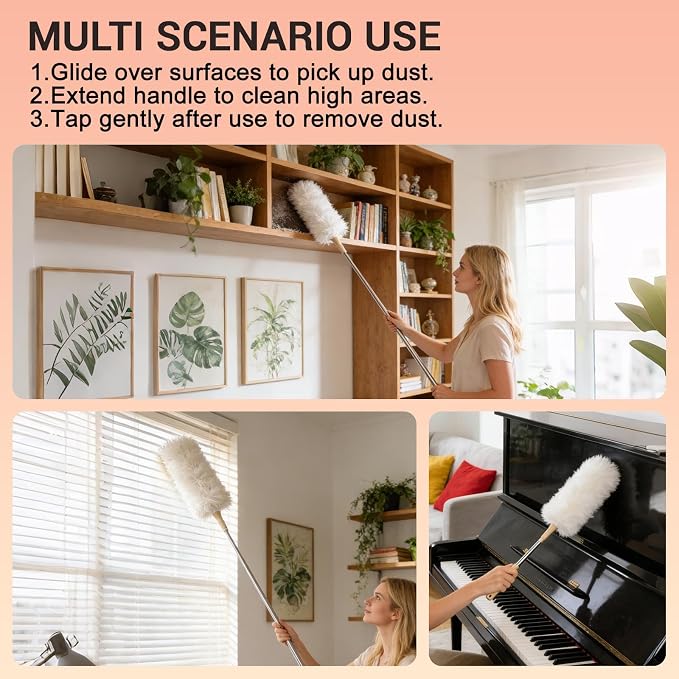 Lambswool Duster Extendable 22–55 Inch Natural Wool Duster with Flexible Head for Ceilings Furniture Blinds Electronics Washable Reusable White
