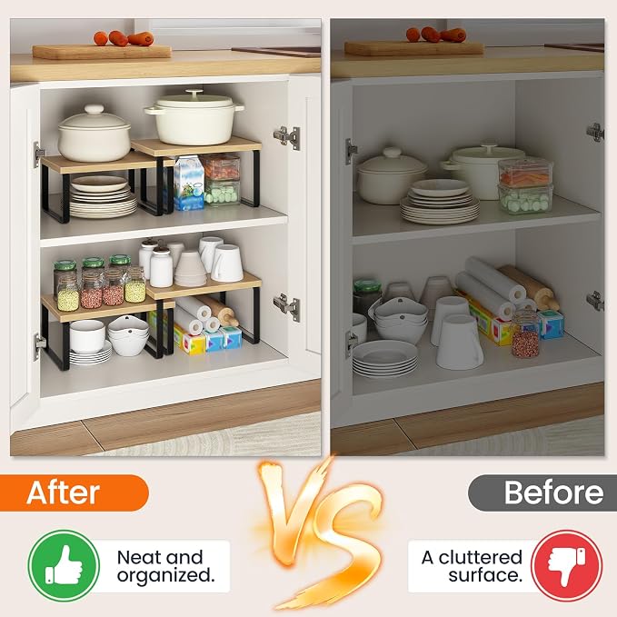 HOOBRO Cabinet Organizer Shelf, Set of 2, Kitchen Countertop Organizer, Kitchen Countertop Shelf, Spice Rack for Counter, Stackable, Expandable for Cabinet, Kitchen, Natural and Black BN33TL01