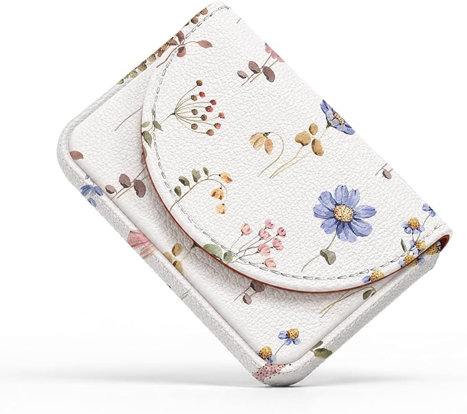 Business Card Holder，PU Leather Business Card Case Wallet White Floral2 | Pocket Travel Name Card Case for Men and Women Gift，Portable Magnetic Business Card Carrier for Purse