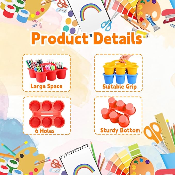 6 Pack Classroom Caddy Organizer with Handle Multicolor Plastic Table Caddy 6 Compartments Storage Cup Holder for School Supplies Art Crafts Crayons Pencils Stackable Desk Caddy for Office