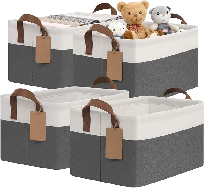 CHICVITA 4 Pack Storage Baskets for Shelves, Closet Organizers and Storage Bins with Handles, Fabric Toy Bins for Nursery Living Room, 14.8" x 10.3" x 8.3", Gray & White