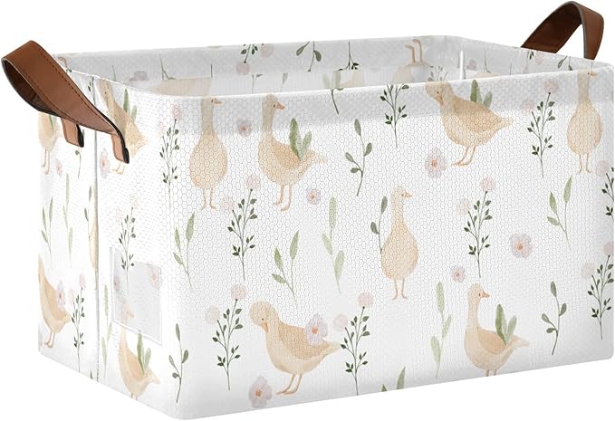 Cute Goose with Floral and Leaves Storage Basket Foldable Cube Storage Bins with Handles&Label Collapsible Organizer Box Bin Large Rectangle Decorative Baskets for Shelves Home Living Room Closet