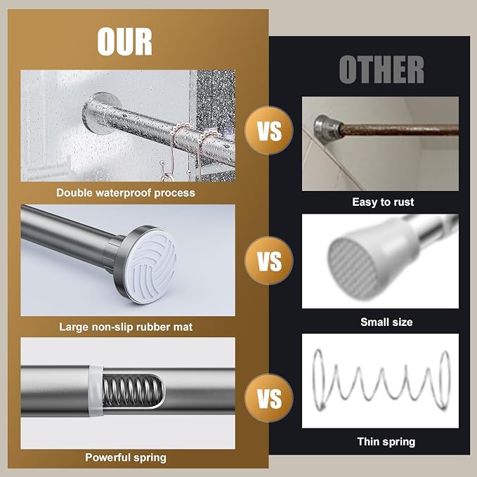 Ausemku Shower Curtain Rod 32-80 Inch Adjustable - 1 Inch Diameter Heavy Duty No drill Spring Tension Shower Rod, Non-Slip Rustproof Telescopic Rod for Bathroom, Nickel