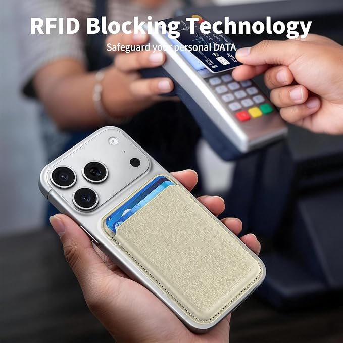 Magnetic Wallet Phone Card Holder for Phone Case with Mag-Safe, Stronger Magnetic RFID Leather Phone Wallet Stick on Series of iPhone 17/16/15/14/13/12 and Pro/Promax, Khaki