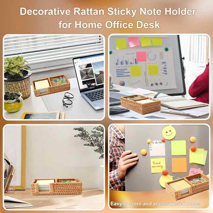 3 x 3 Inch Sticky Note Holder,Rattan Post It Note Dispenser,2 Slot Sticky Note Dispenser,Wicker Post It Holder for Home Office Desk Decor,Honey Brown