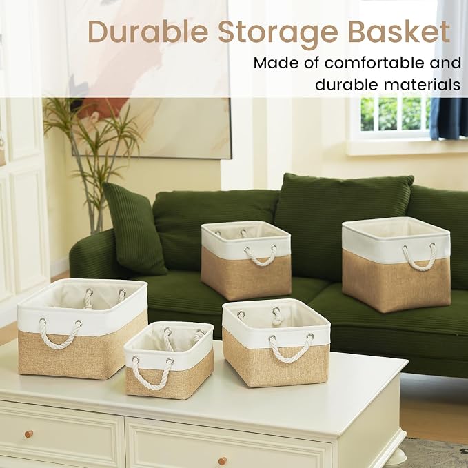 Large Storage Baskets- 16x12x12 inch Storage Bins for Shelves and Closet Organizing, Foldable Fabric Bin for Home Organization Clothes and Laundry (3-Pack, White&Khaki)