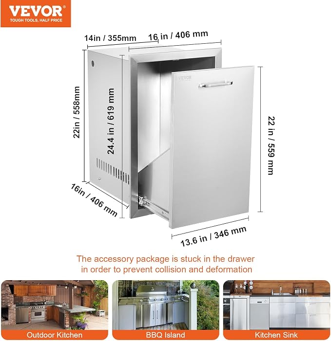 VEVOR Outdoor Kitchen Trash Drawer 16Wx22Hx16"D, Drawer, Stainless Steel Pull Out Trash with Handle, Outdoor Kitchen Cabinets Can Pull Out, BBQ Island Bin, Outside Trash Can Drawer
