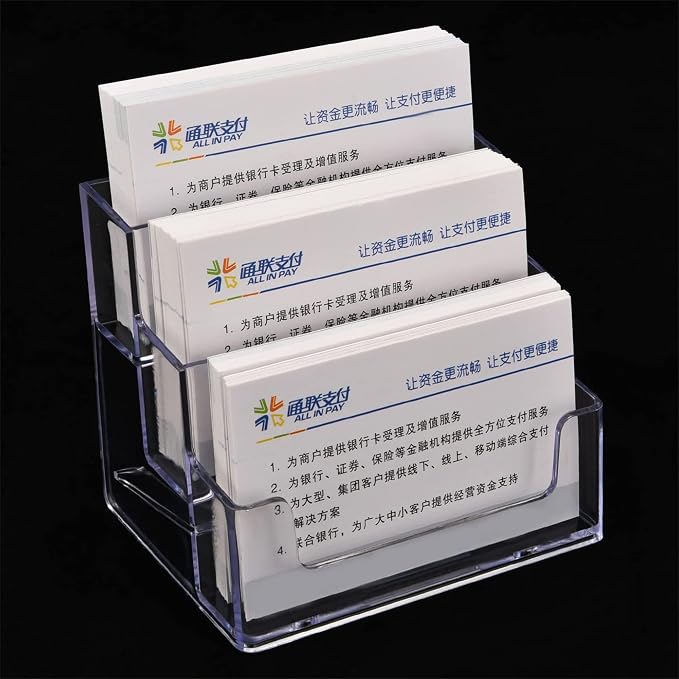 TecUnite 4 Pieces Business Card Holder for Desk 3 Tiers Clear Acrylic Stand for Business Card Organizer Storage Holder Display for Office and Company, 180 Cards Capacity