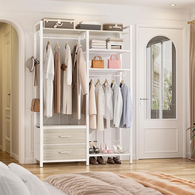 78.7'' Clothes Rack for Hanging Clothes - Reversible Clothing Rack with 4 Drawers, Heavy Duty Garment Racks with Shelves, 6 Tiers Freestanding Portable Closet Wardrobe System, Set of 2 White Oak