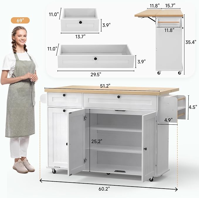 ONBRILL 60" Kitchen Island with Power Outlet & Drop Leaf, Rolling Island with Spice Rack & Towel Rack, Kitchen Island Cart with Trash Storage Cabinet, Island Table for Kitchen, White