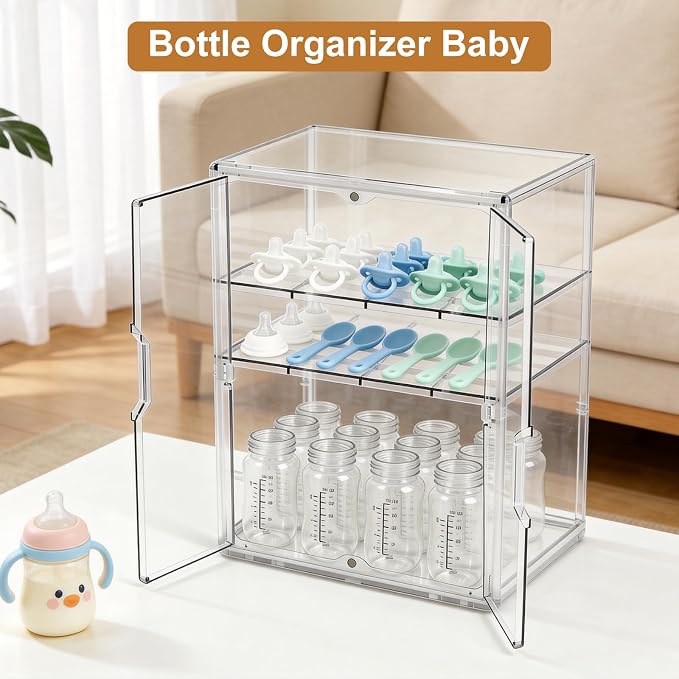 ERTIUANIO Baby Bottle Organizer – 3 Tier Acrylic Bottle Storage Organizer Container, Clear Plastic Bottle Station Organizers Drawers with Double Magnetic Doors for Countertop Kitchen Vanity, Bathroom