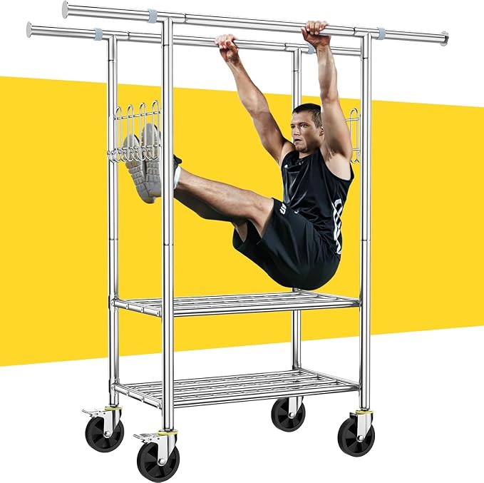 Double Rod Clothes Rack with Two Shelves, Heavy Duty Clothing Racks Load 860 LBS, Rolling Garment Racks with 4-inch Wheels, Hanging Rack for Clothes Storage, Portable Closet in Bedroom Laundry Room