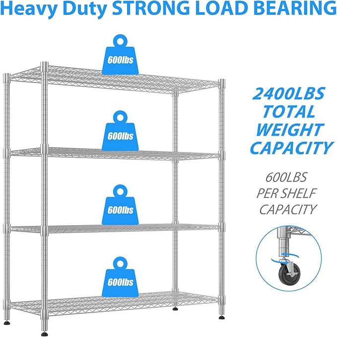 Homdox 4-Tier Heavy Duty Metal Shelves with Wheels - 2400LBS Commercial Adjustable Shelves for Garage, Pantry, Kitchen - 24"x60"x72", Chrome