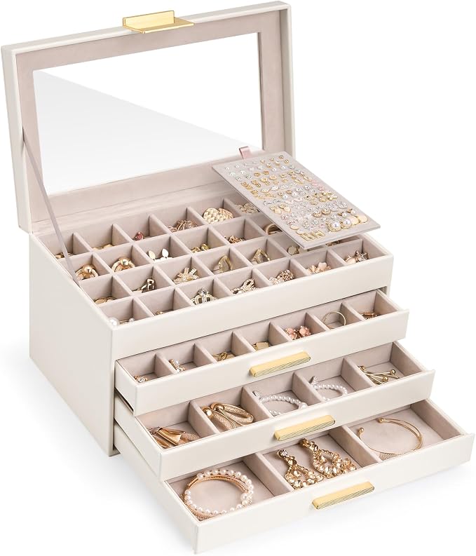 Lolalet Earring Storage Box Case with Glass Top, Large Earring Jewelry Holder Organizer Display with Drawer and Grid, Gift for Girls Women -4 Tiers, Cloud White