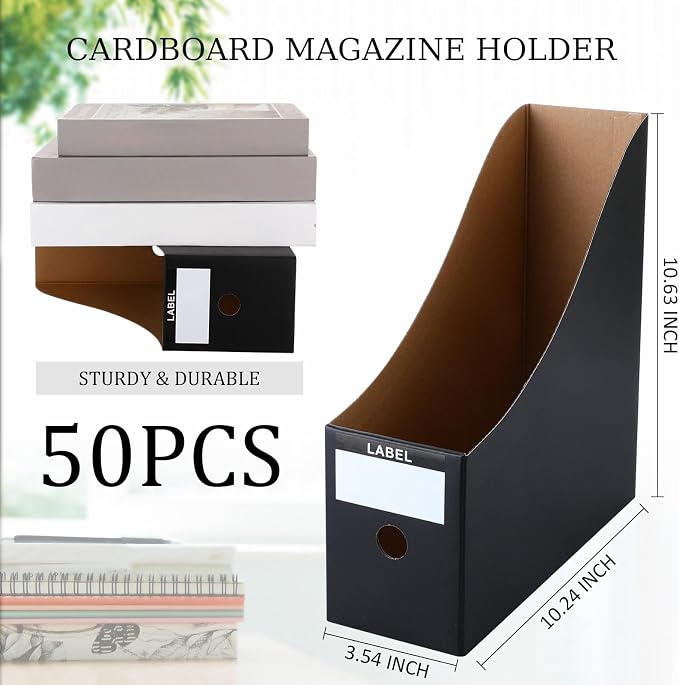 Geyee 50 Pcs Cardboard Magazine Holder Magazine File Holder Magazine Storage Box Document Magazine File Organizer with 50 Pcs Labels for School Office Home Supplies (Black)