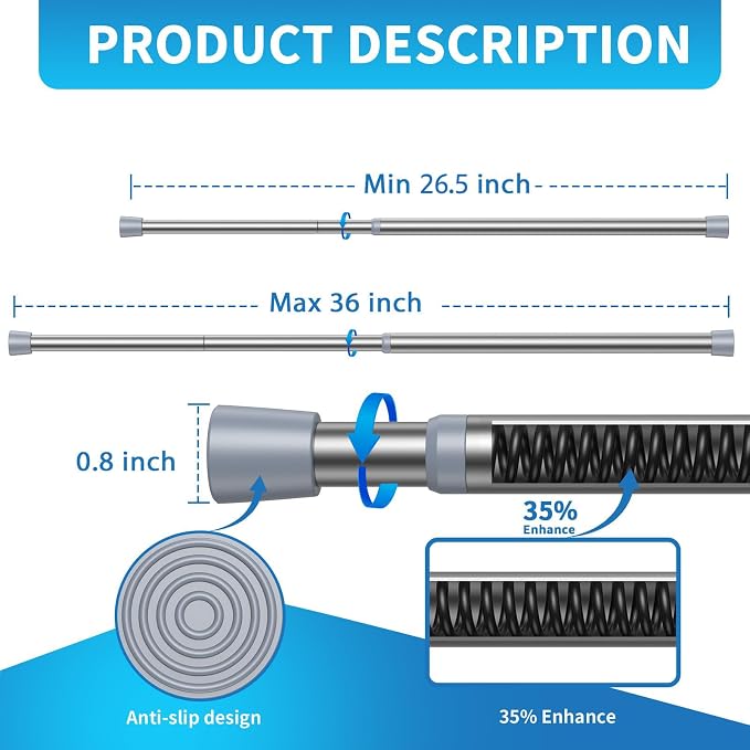 AIZESI 2 Pack Tension Rods for Windows 26.5 to 36 inch, Adjustable Pressure Spring Curtain Rods No Drilling, Curtain Rods for Doorway Closet Door, Silver
