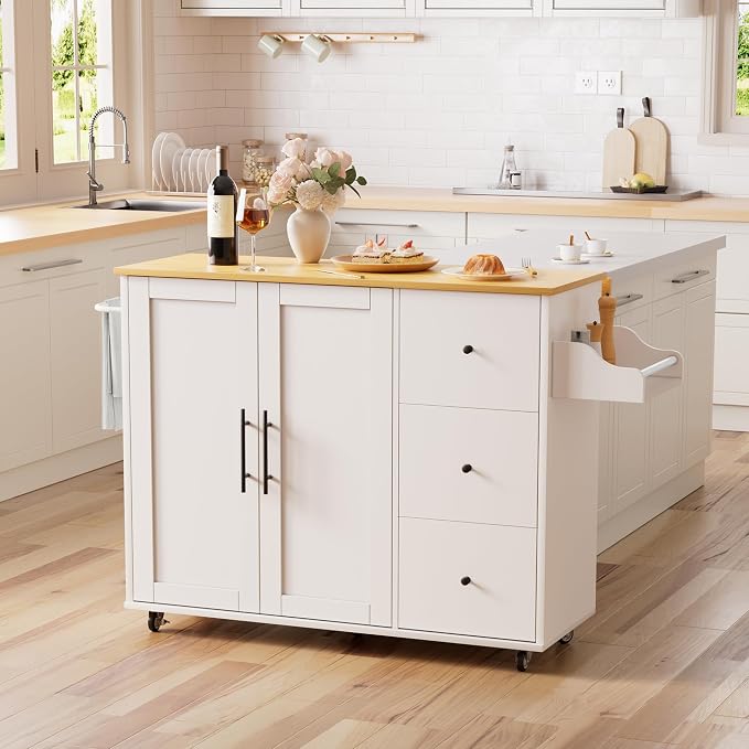 GRUSIGN 49.6" Kitchen Island on Wheels with Storage-Multifunctional Kitchen Island Cart with Drop Leaf, Rolling Island with Spice/Towel Rack,Expandable Island Table Kitchen,White