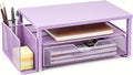 Spacrea Desk Organizer and Accessories, Computer Monitor Stand Riser with Drawer and 1 Open Pen Holder, Printer & Laptop Stand, Office Desk Accessories for Home Office Supplies (Purple)