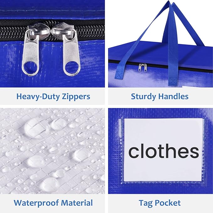 Moving Bags, Storage Bags with Sturdy Handles and Heavy Duty Zippers, Storage Totes for Space Saving, Moving & Storage, Collapsible Moving Supplies(88L, 10-Pack, Blue)
