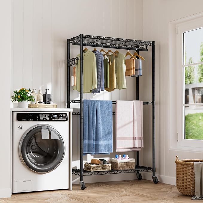 Golpart Heavy Duty Rolling Clothes Rack Wheels Portable Metal Garment Rack | Wardrobe Adjustable Wire Shelving Metal Double Clothing Racks for Hanging Clothes Organizer Closet Laundry Room Organization