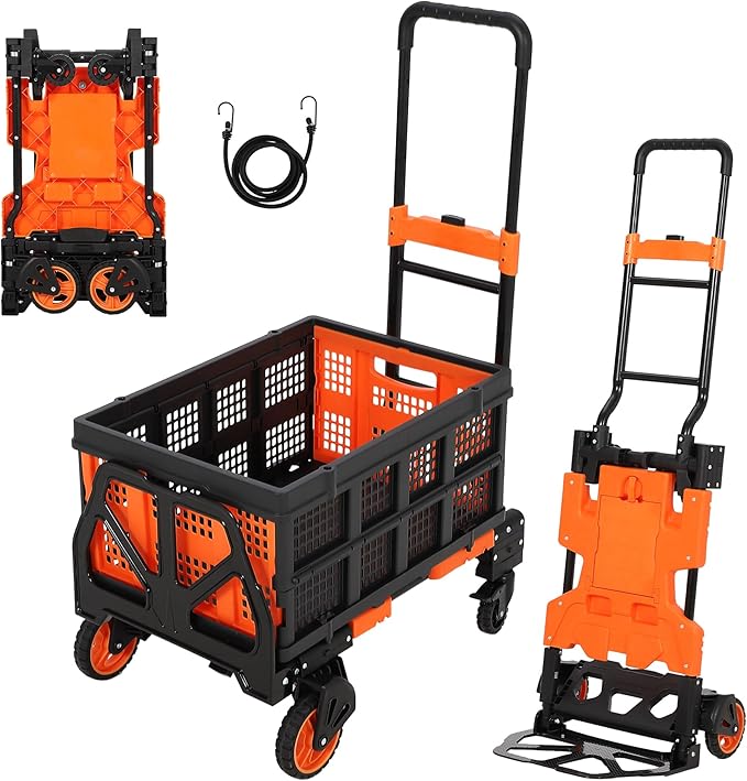 Versatile 2-in-1 Folding Hand Truck Dolly – Collapsible Basket, Retractable Handle, 4 Wheels – Heavy Duty Moving and Shopping Platform, 330 Lb Capacity, Foldable and Compact for Easy Storage