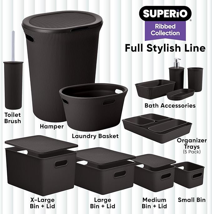 Superio Ribbed Collection - Decorative Plastic Basket Open Home Storage Bins Organizer, Medium Brown (6 Pack) Container Boxes for Organizing Closet Storage Bins for Shelves Drawer Shelf 5 Liter