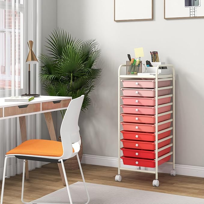 DREAMADE Rolling Cart with Storage Drawers, Utility Cart with Removable Plastic Drawers, Lockable Wheels, Art Cart for Classroom Organization Art Supplies Office Scrapbook (10 Drawers, Mixed-pink)
