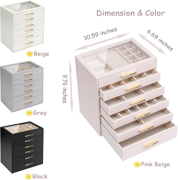VLANDO 6-Drawer Jewelry Box with Glass Lid, Faux Leather Organizer for Rings Earrings Necklaces and More, Gift-Ready Jewelry Case for Women Girls or Moms, Black