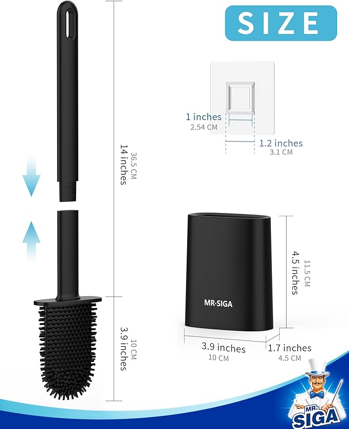 MR.SIGA Toilet Brush and Holder Set, Wall Mounted Toilet Bowl Brush, Black | Space saving design, flexible thermoplastic rubber bristles, easily cleans hard to reach areas, pack of 2