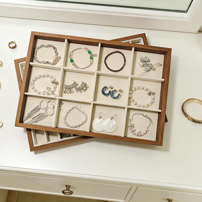 Large Jewelry Trays for Drawers Stackable Velvet Jewelry Display for Vendors Jewelry Drawer Organizer Inserts for Rings Necklace Bracelets Earrings and Studs Earrings (Beige, 12 Grid)