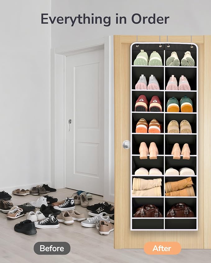 ULG Over The Door Shoe Organizer with 16 Large Pockets, Hanging Shoe Rack for Closet Door, Space Saving Shoe Storage Black