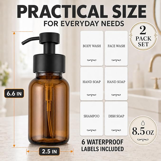 2 Pcs Amber Glass Foaming Soap Dispenser - 8.5 Oz Refillable Glass Foaming Hand Soap Dispenser, Non-Slip Bottom, 6 Moisture-Resistant Labels - Elegant Pump Bottles for Bathroom & Kitchen Counter Decor