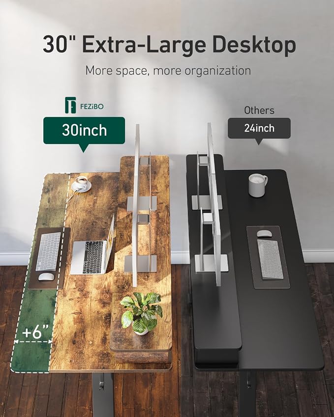 FEZIBO 55 x 30 inch Standing Desk with Drawers, Height Adjustable Electric Workstation, Computer Sit Stand Up Table with Large Storage Shelf 4 Drawers and 2 Hooks, Rustic Brown