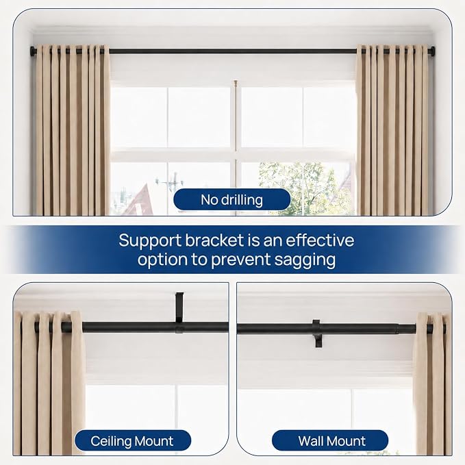 ALLZONE Tension Curtain Rod for Windows, 123 to 160 Inch, Heavy Duty Extra Long Curtain Rods, Non-Slip Bathroom Shower Tension Rod, Renter Friendly, Adjustable, Spring Loaded, Black