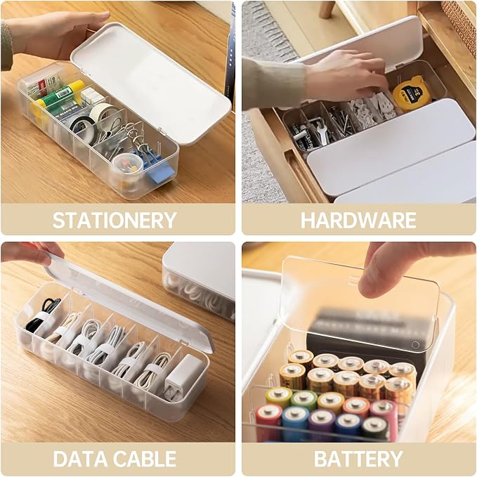 PAVSTINE Cable Organizer Storage Box with 7 Wire Ties,Desktop Cable Management Box with Lid,Power Cord Organizer with 7 Compartments for Office,Home,Desk Accessories Storage Stationery Supplies White