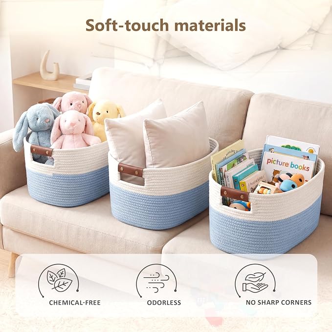 ECDYQXVU 15x10x9 Woven Cotton Rope Storage Basket, Leather Handles 3 Pack | Foldable Design, Sturdy PU Handles, Easy to Clean Organizer for Living Room, Closet, Shelves, Bedroom, Laundry, Clothes