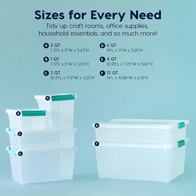 IRIS USA 6 Qt. Craft Storage Bins with Lids, 3-Pack, |Made in USA|, Clip Box, Small Plastic Sensory Bin Tote Organizer Containers for Art Supplies, Paper, & Office, Stackable - Clear/Seafoam Blue