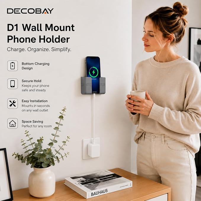 2 Pack Wall Phone Holder, Adhesive Phone Wall Mount with Cable Hole, Bathroom Bedside Kitchen RV Phone Holder Compatible with iPhone, Android Phones and Remote Controls (Gray)