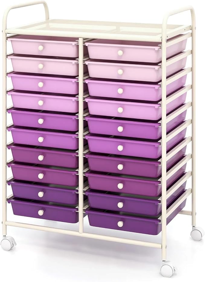DREAMADE Rolling Cart with Storage Drawers, Utility Cart w/Removable Plastic Drawers, Lockable Wheels, Art Cart for Classroom Organization Art Supplies Office Scrapbook (20 Drawers, Purple Gradient)