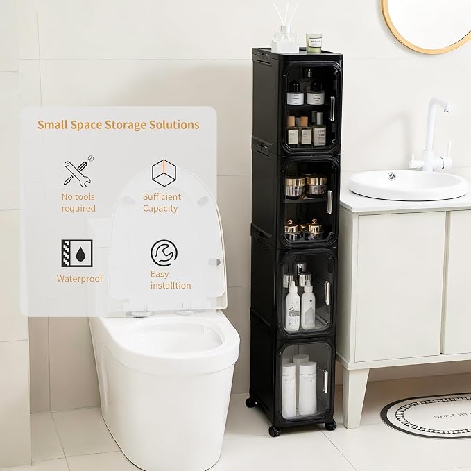 5-Tier Tall Narrow Slim Bathroom Storage Cabinet, Black | Tool Free Assembly, Adjustable Shelves, Fits for Narrow Spaces, Reinforced Stability, Magnetic Clear Door