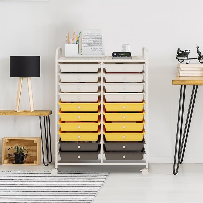 DREAMADE Rolling Cart With Storage Drawers, Utility Cart With Removable Plastic Drawers, Lockable Wheels for Classroom Organization, Art Supplies, Office, Scrapbook (20 Drawers, Yellow)
