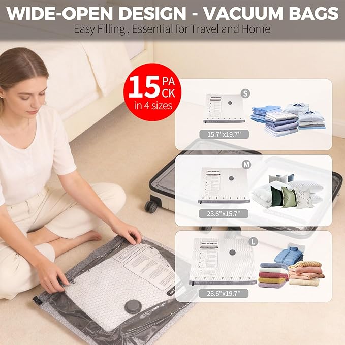 Vacuum Seal Bags for Clothing Travel with USB Electric Pump, FIRRAX 15 Combo Carry-on Size Space Saver Vacuum Storage Bags (5 Large+5 Medium+5 Small), Compression Packing for Luggage and Suitcase